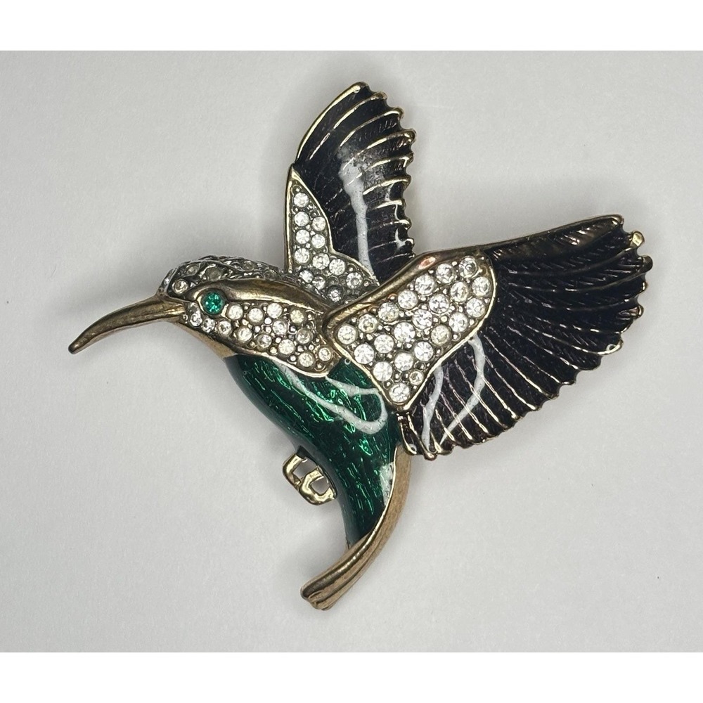 Vintage Hummingbird Brooch Green Black Enamel Rhinestone Gold Tone Bird Pin